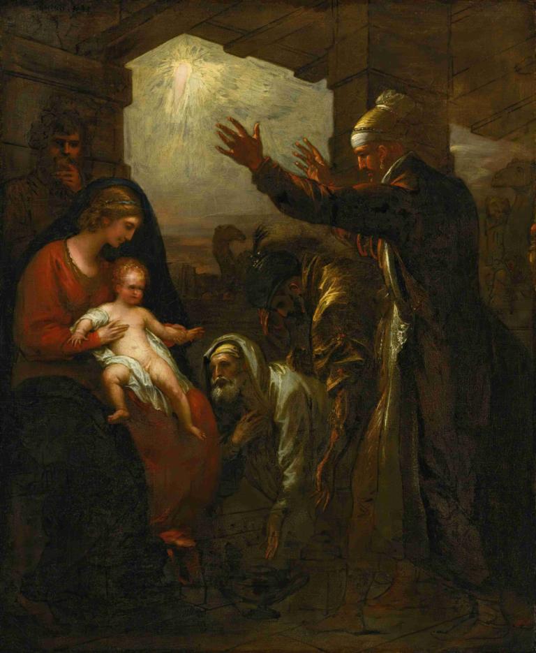 The Wise Men's Offering,智者的奉献,Benjamin West,本杰明-韦斯特,油画,油画, 美术模仿, 戏仿, 多个男孩, 婴儿, 假传统媒体, 赤脚, 长袍, 胡子, 老的, 实际的