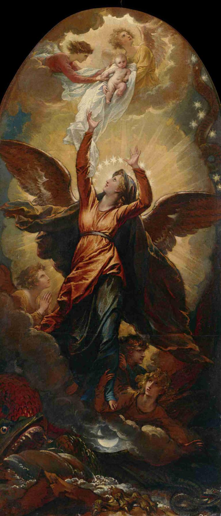 The Woman Clothed with the Sun Fleeth from the Persecution of the Dragon,披着太阳的女人逃离龙的迫害,Benjamin West,本杰明-韦斯特