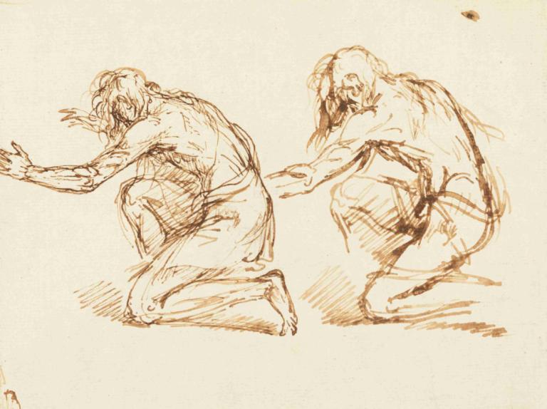 Two Kneeling Figures,Benjamin West,Schetsen,Schetsen, monochroom, schetsen, mannelijke focus, één knie