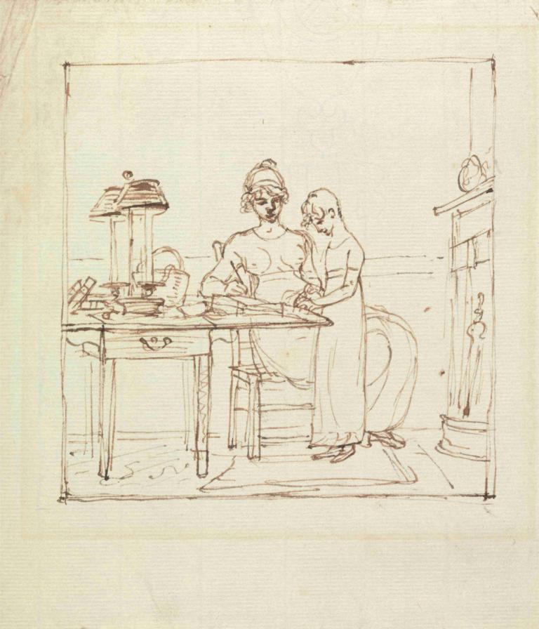 Woman and Girl at a Writing Desk,Vrouw en meisje aan een schrijftafel,Benjamin West,Schetsen,Schetsen