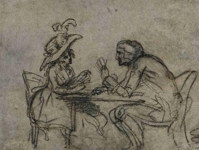 Woman and Man Playing Cards (verso),男女扑克牌（背面）,Benjamin West,本杰明-韦斯特,素描,素描, 1个女孩, 1男孩, 单色, 帽子, 草图, 桌子, 胡子