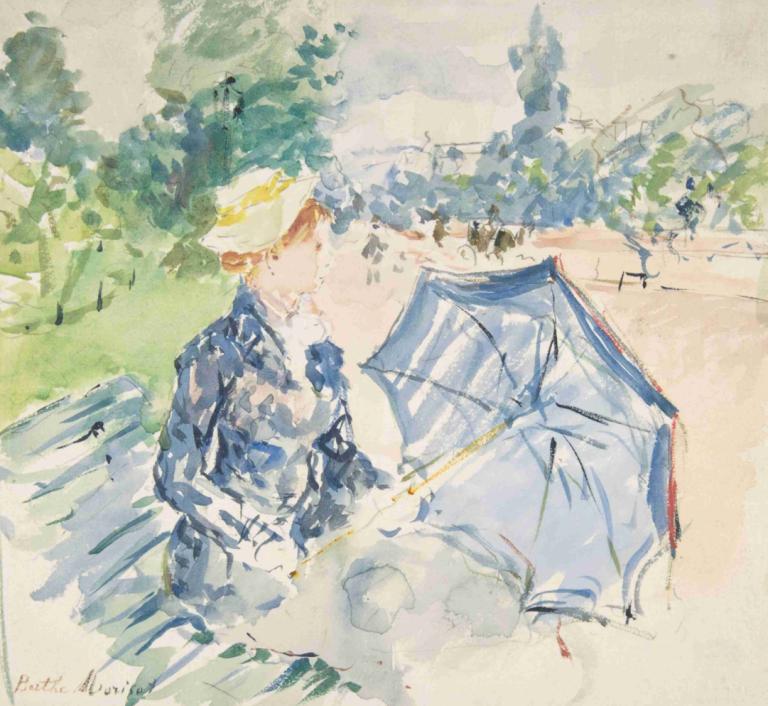 A Woman Seated at a Bench on the Avenue du Bois,Berthe Morisot,Watercolor,Watercolor, umbrella, hat, 1girl