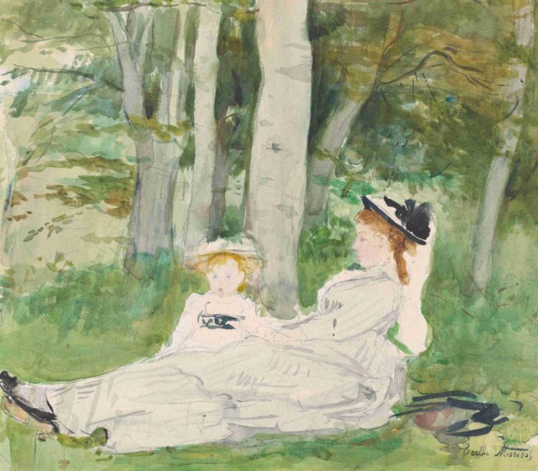 At The Edge Of The Forest (Edma And Jeanne),Berthe Morisot,Watercolor,Watercolor, hat, multiple girls, dress