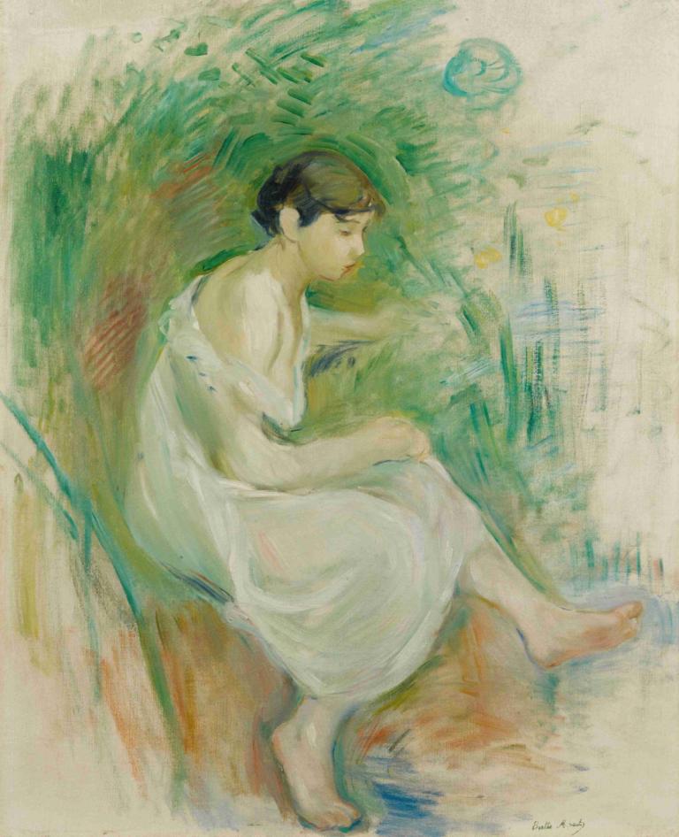 Baigneuse En Chemise,Berthe Morisot,Watercolor,Watercolor, solo, barefoot, dress, sitting, short hair