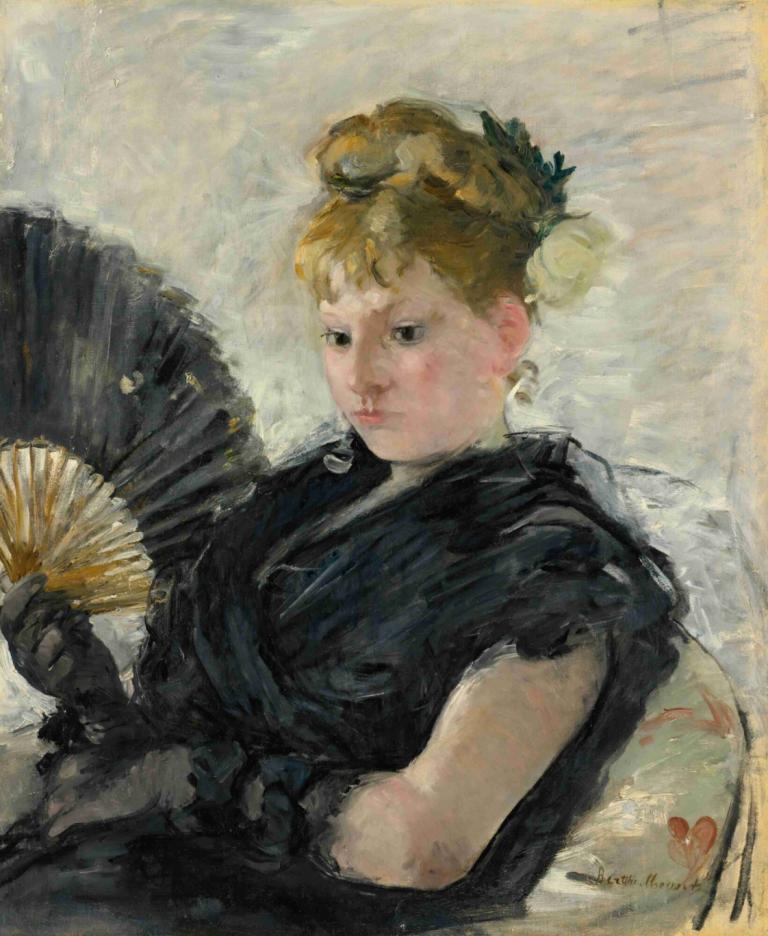 Femme À L'éventail,Berthe Morisot,Oil Painting,Oil Painting, solo, 1girl, hand fan, blonde hair, gloves