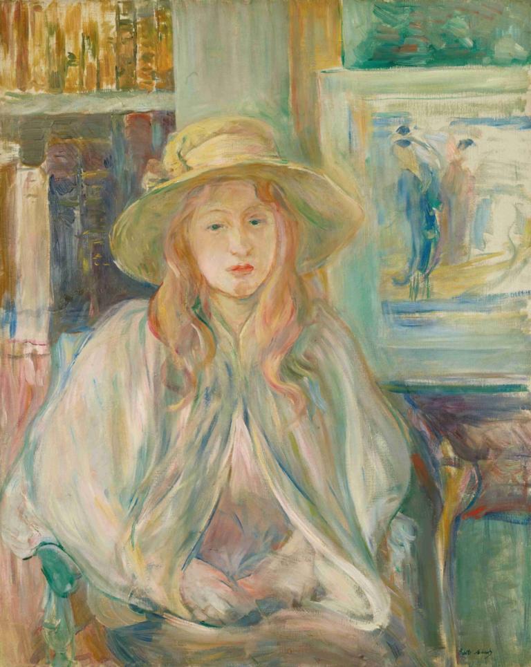 Fillette Au Chapeau De Paille,Berthe Morisot,Oil Painting,Oil Painting, 1girl, hat, long hair, solo