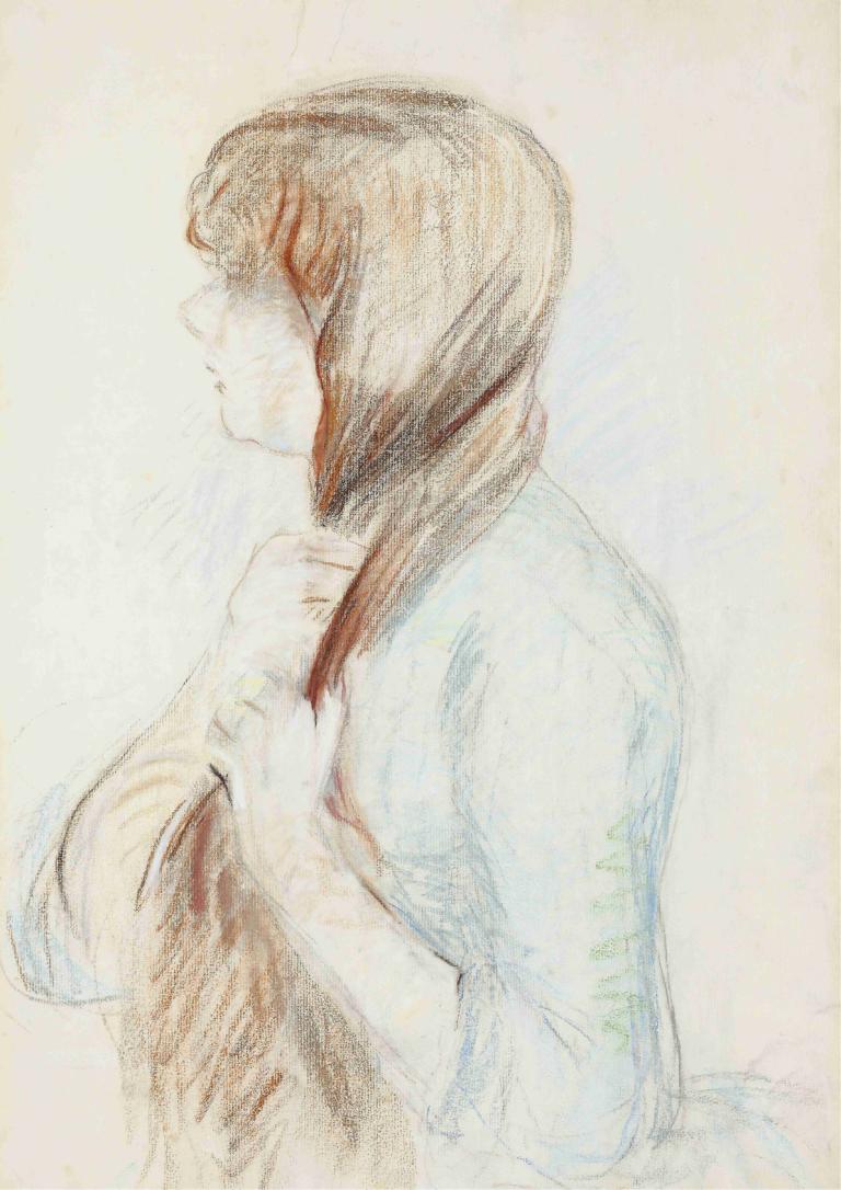 Girl Plaiting her Hair (La Natte),Berthe Morisot,Watercolor,Watercolor, 1girl, solo, long hair