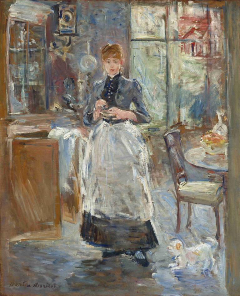 In the Dining Room,다이닝 룸에서,Berthe Morisot,베르테 모리소트,오일 페인팅,오일 페인팅, 여자 1명, 앞치마, 테이블, 실내, 드레스, 의자, 서 있는, 블론드 헤어