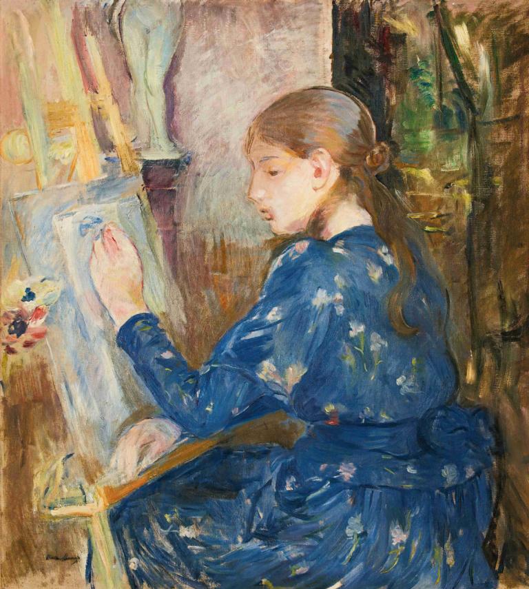 Jeune Fille Écrivant,어린 소녀 글쓰기,Berthe Morisot,베르테 모리소트,오일 페인팅,오일 페인팅, 여자 1명, 갈색 머리, 독주, 드레스, 파란 드레스, 긴 머리