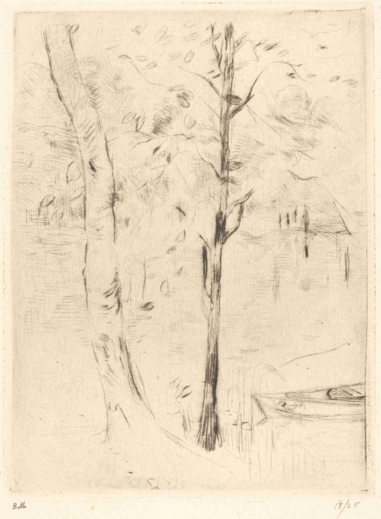 Lake with Rowboat,노 젓는 보트가 있는 호수,Berthe Morisot,베르테 모리소트,스케치,스케치, 단색화, 나무, 인간은 없어, 전통 미디어, 스케치, 자연, 옥외