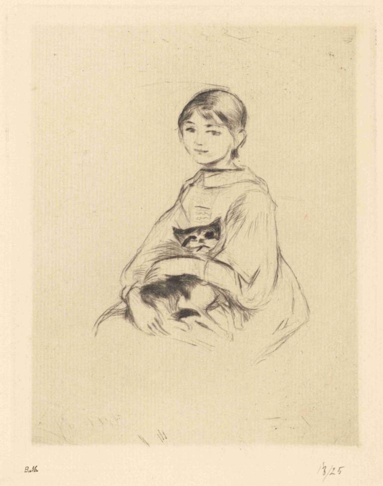 Little Girl with Cat,고양이와 어린 소녀,Berthe Morisot,베르테 모리소트,스케치,스케치, 여자 1명, 단색화, 고양이, 독주, 동물, 짧은 머리, 웃다, 전통 미디어