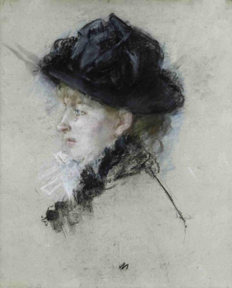 Mademoiselle Louise Riesener in a Hat,Mademoiselle Louise Riesener într-o pălărie,Berthe Morisot,Acuarelă