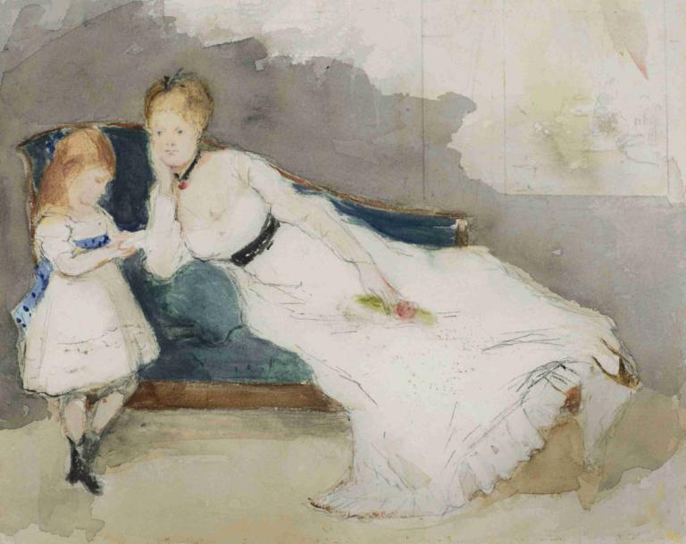 Mme Gobillard et sa fille Paule,Doamna Gobillard și fiica sa Paule,Berthe Morisot,Acuarelă,Acuarelă