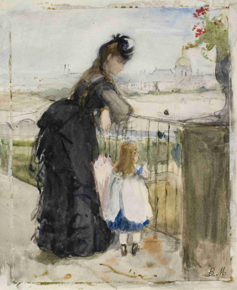 On the Balcony,Pe balcon,Berthe Morisot,Acuarelă,Acuarelă, pictura (medie), rochie, media tradițională