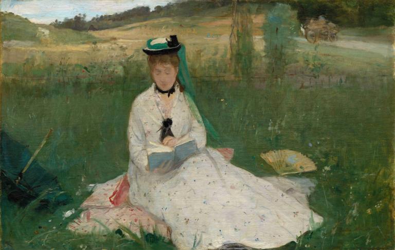 Reading,Läsning,Berthe Morisot,Oljemålning,Oljemålning, 1 tjej, solo, klänning, utomhus, Sammanträde, hatt