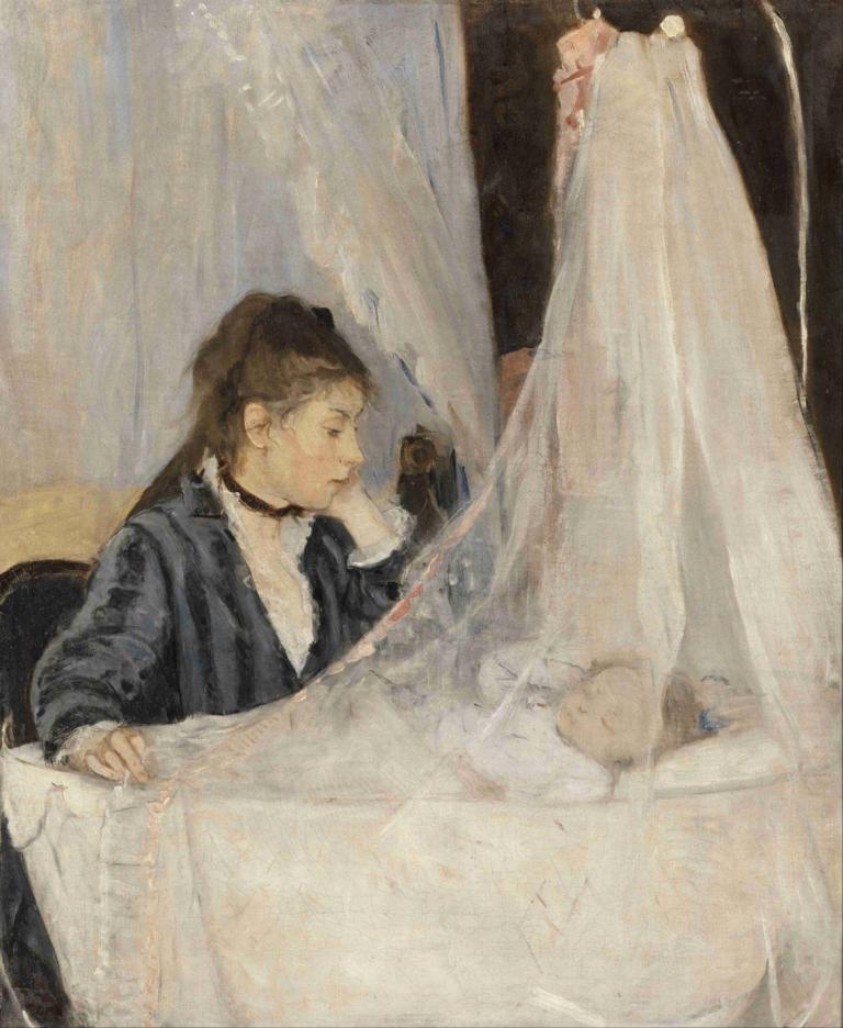 The Cradle,Berthe Morisot,Lukisan cat minyak,Lukisan cat minyak, 1 gadis, rambut coklat, tirai