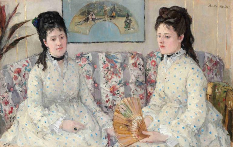 The Sisters,Berthe Morisot,Lukisan cat minyak,Lukisan cat minyak, banyak gadis, 2 perempuan, rambut hitam