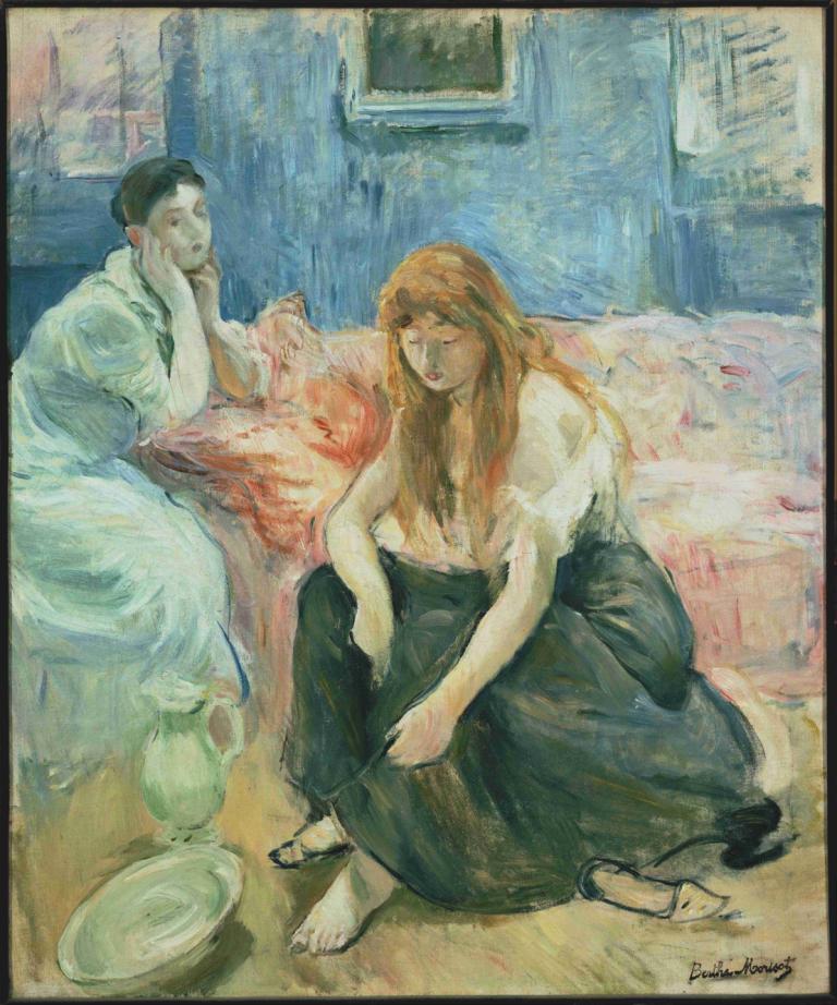 Two Girls,Dua Gadis,Berthe Morisot,Lukisan cat minyak,Lukisan cat minyak, rambut panjang, bertelanjang kaki