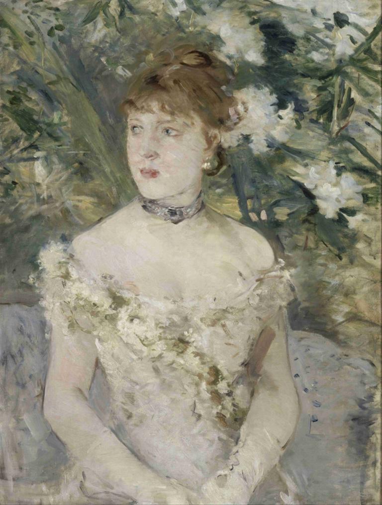 Young Girl in a Ball Gown,Berthe Morisot,Oil Painting,Oil Painting, 1girl, solo, dress, brown hair