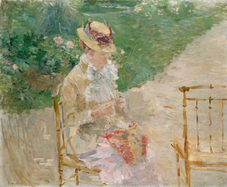 Young Woman Knitting,Wanita Muda Merajut,Berthe Morisot,Lukisan cat minyak,Lukisan cat minyak, topi, kursi