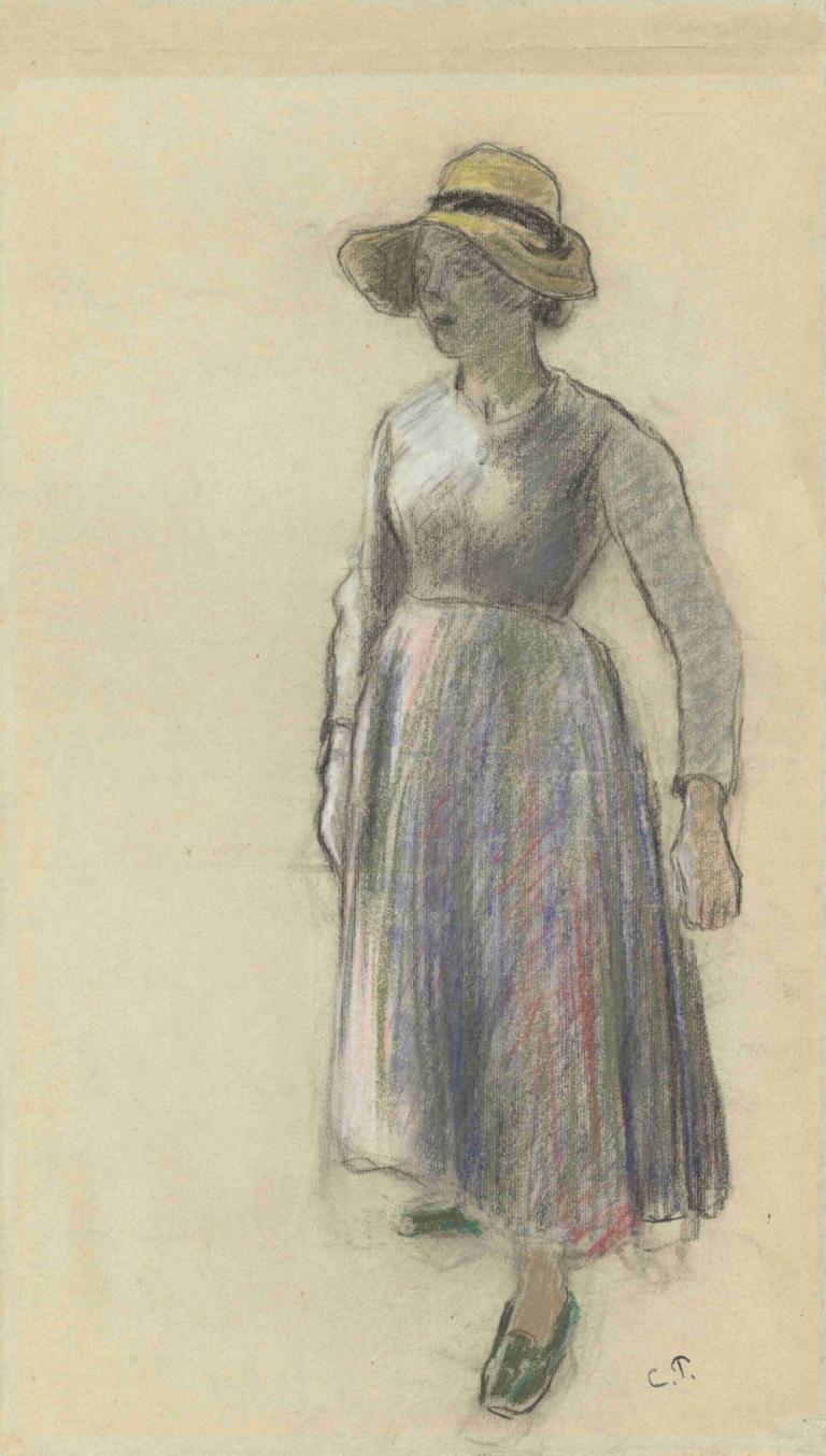 A Peasant Girl in a Straw Hat,Camille Pissarro,Sketch,Sketch, 1girl, solo, hat, long sleeves, skirt