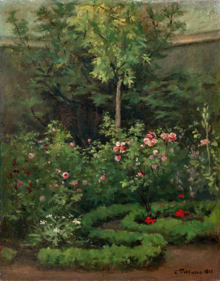 A Rose Garden,Camille Pissarro,Oil Painting,Oil Painting, no humans, flower, bush, outdoors, scenery