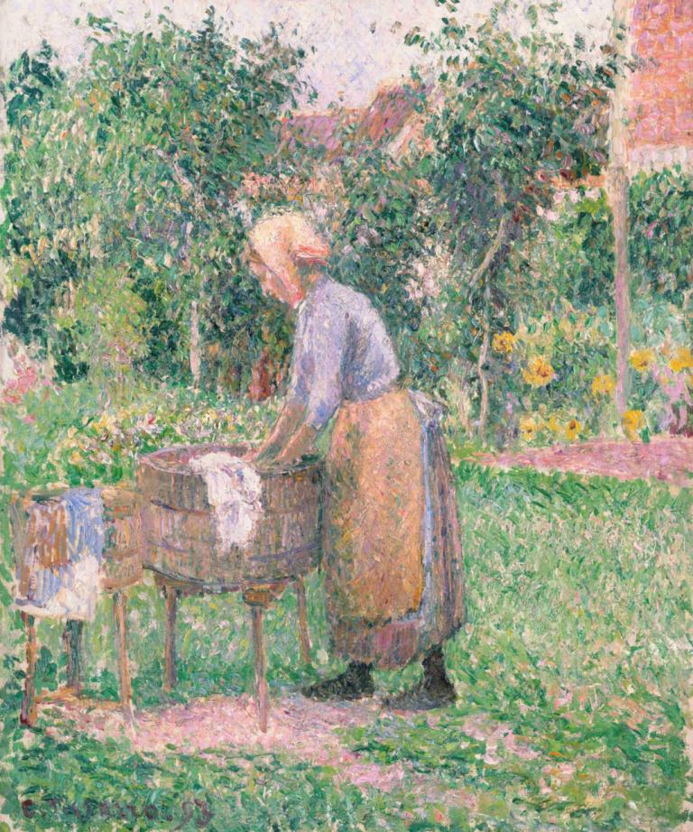 A Washerwoman at Éragny,Camille Pissarro,Oil Painting,Oil Painting, apron, flower, old, outdoors, 1girl, 1boy