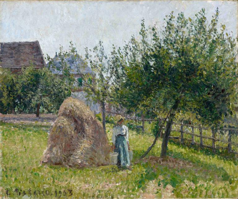 Apple Trees in Eragny, Sunny Morning,Äppelträd i Eragny, solig morgon,Camille Pissarro,Oljemålning