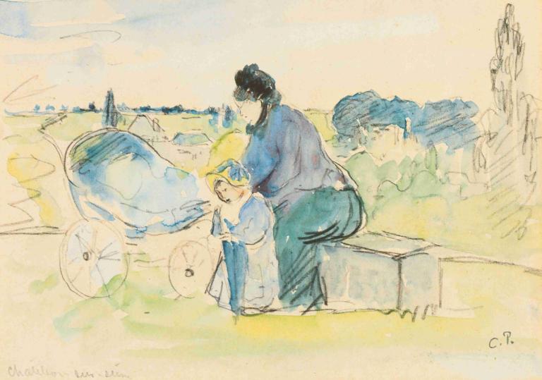 Au Parc,Camille Pissarro,Watercolor,Watercolor, 1boy, 1girl, black hair, blonde hair, traditional media