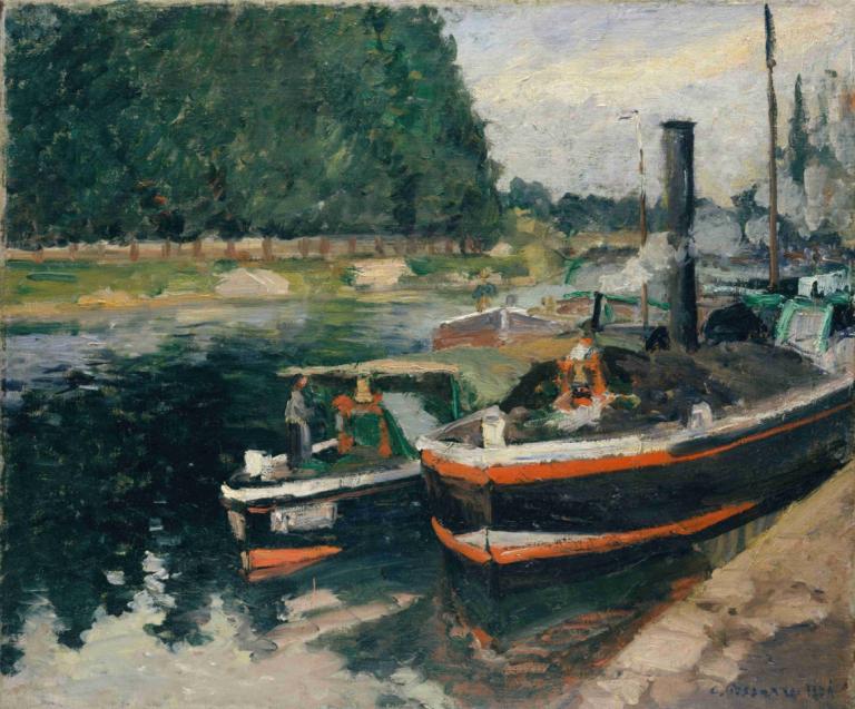 Barges at Pontoise,Camille Pissarro,Oil Painting,Oil Painting, boat, watercraft, outdoors, traditional media