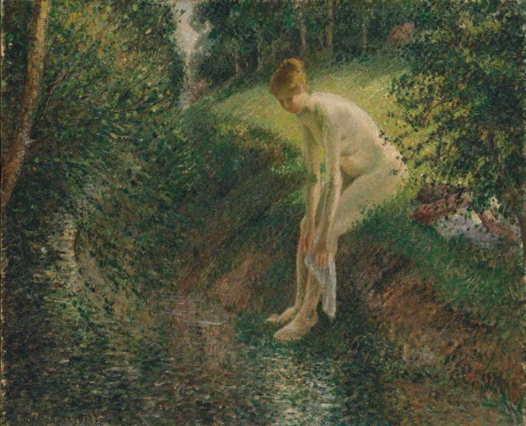 Bather in the Woods,Camille Pissarro,Oil Painting,Oil Painting, solo, 1girl, nature, nude, barefoot