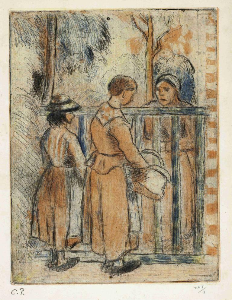 Beggar Women,Camille Pissarro,Color Sketch,Color Sketch, hat, multiple boys, tree, 2boys, traditional media