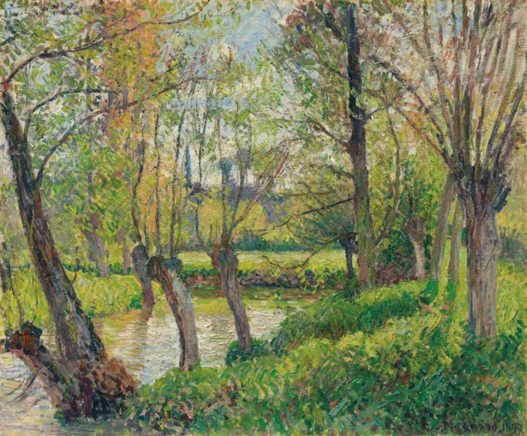 Bords De L'epte À Êragny, Soleil Couchant,Camille Pissarro,Oil Painting,Oil Painting, tree, scenery, outdoors