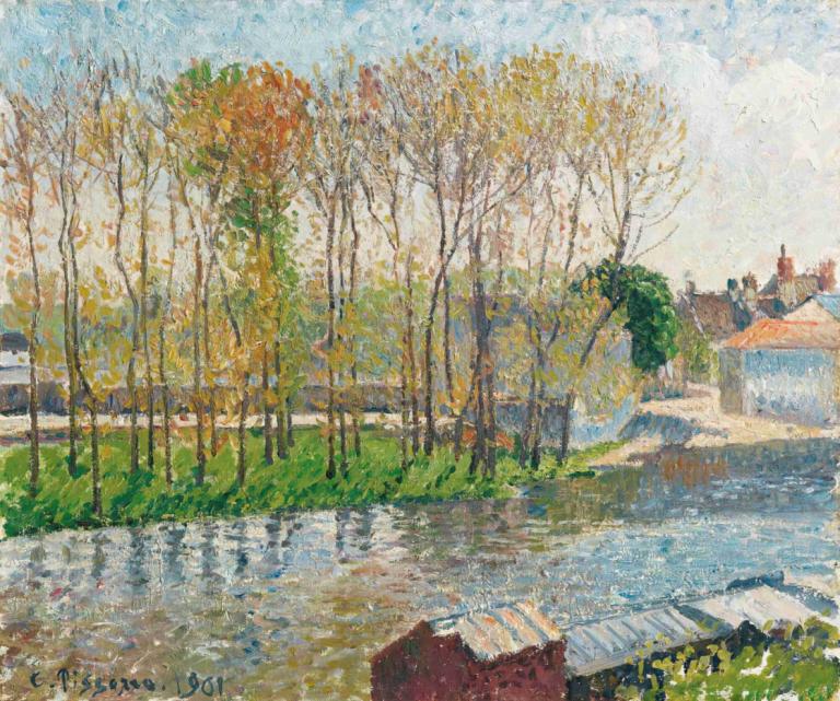 Bords Du Loing À Moret,Camille Pissarro,Yağlı boya,Yağlı boya, manzara, açık havada, ağaç, insan yok