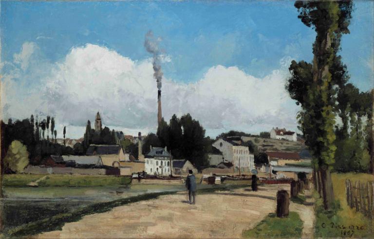 Bords de l'Oise a Pontoise,Camille Pissarro,Oil Painting,Oil Painting, outdoors, tree, sky, cloud, scenery