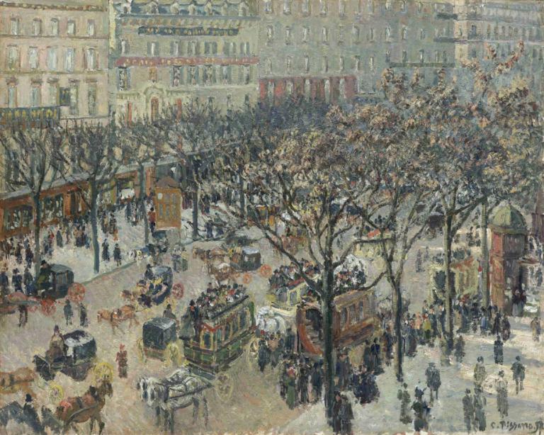 Boulevard des Italiens,Morning,Camille Pissarro,Oil Painting,Oil Painting, tree, 6+boys, scenery