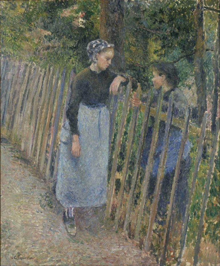 Conversation,Percakapan,Camille Pissarro,Lukisan cat minyak,Lukisan cat minyak, 2 perempuan, banyak gadis