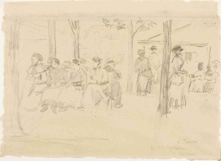 Fête at Pontoise,Festival di Pontoise,Camille Pissarro,Sketsa,Sketsa, sketsa, satu warna