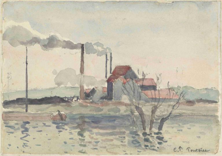 Factory on the Oise at Pontoise,Pabrik di Oise di Pontoise,Camille Pissarro,Lukisan cat minyak