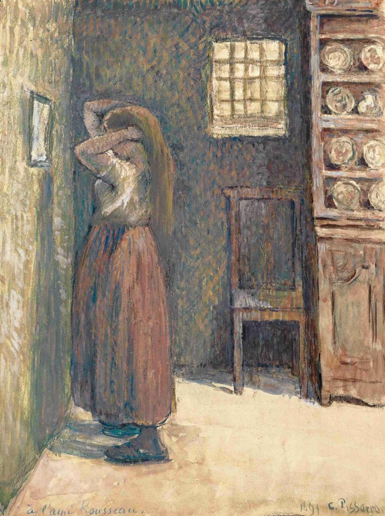 Jeune Paysanne Se Coiffant,Junge Bäuerin, die sich die Haare kämmt,Camille Pissarro,Ölgemälde,Ölgemälde, Solo