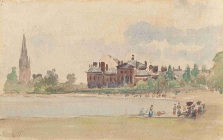 Kensington Gardens, London,Camille Pissarro,Aquarell,Aquarell, Baum, draußen, Gebäude, mehrere Jungen