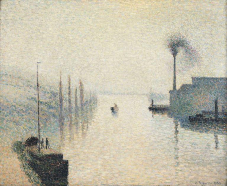 L'Île Lacroix, Rouen,Camille Pissarro,Lukisan cat minyak,Lukisan cat minyak, tiang lampu, pohon