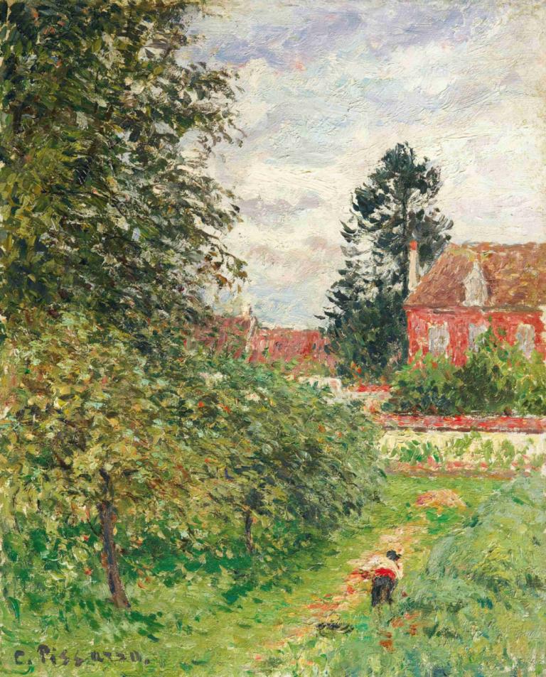 La Maison Des Anglais, Éragny,Camille Pissarro,Lukisan cat minyak,Lukisan cat minyak, pohon, di luar rumah