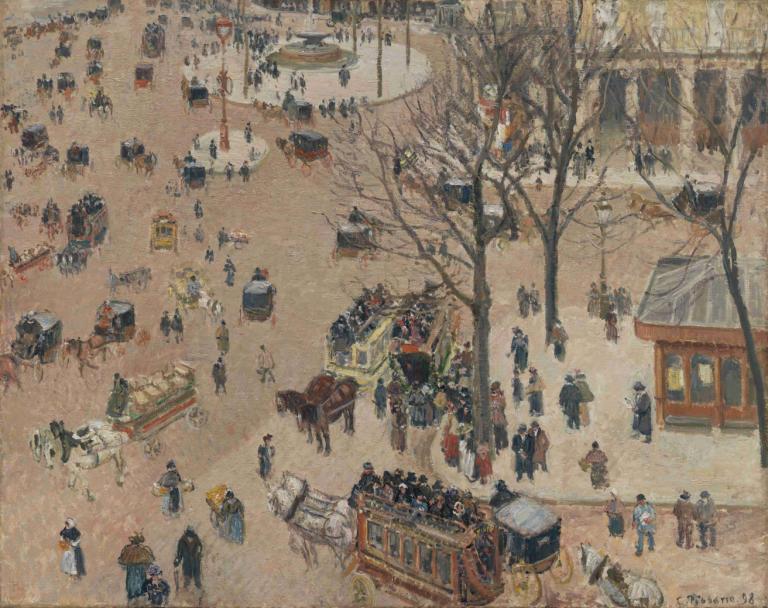 La Place du Théâtre Français,法国剧院广场,Camille Pissarro,卡米耶-毕沙罗,油画,油画, 6+男孩, 树, 马, 多个男孩, 美术模仿, 地面车辆, 传统媒体, 多个女孩