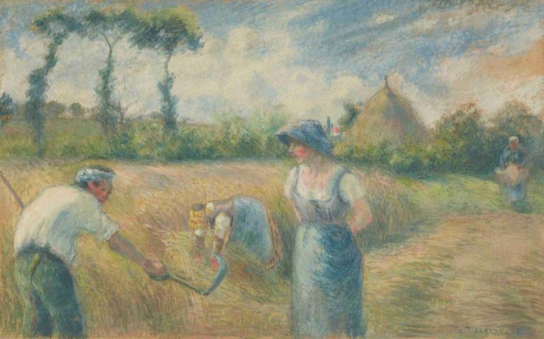 La Récolte,收获,Camille Pissarro,卡米耶-毕沙罗,油画,油画, 户外, 帽子, 树, 多个男孩, 1个女孩, 绘画（中）, 裙子, 传统媒体, 天空, 云, 衬衫