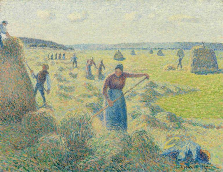 La Récolte des Foins, Éragny,干草收获，埃拉格尼,Camille Pissarro,卡米耶-毕沙罗,油画,油画, 户外, 多个男孩, 武器, 保持, 弓（武器）, 传统媒体, 场地, 草