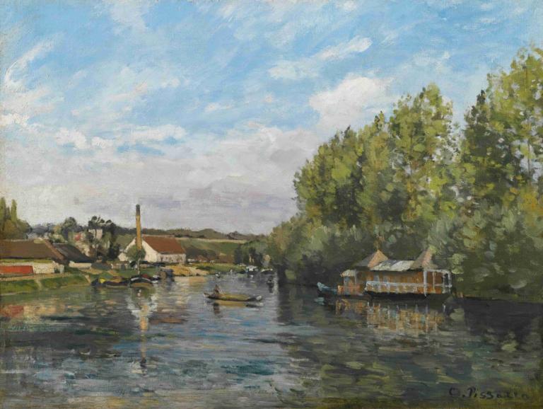 La Seine À Port-Marly,马利港的塞纳河,Camille Pissarro,卡米耶-毕沙罗,油画,油画, 风景, 没有人类, 户外, 天空, 树, 云, 天, 传统媒体, 水, 蓝天, 建筑, 房子