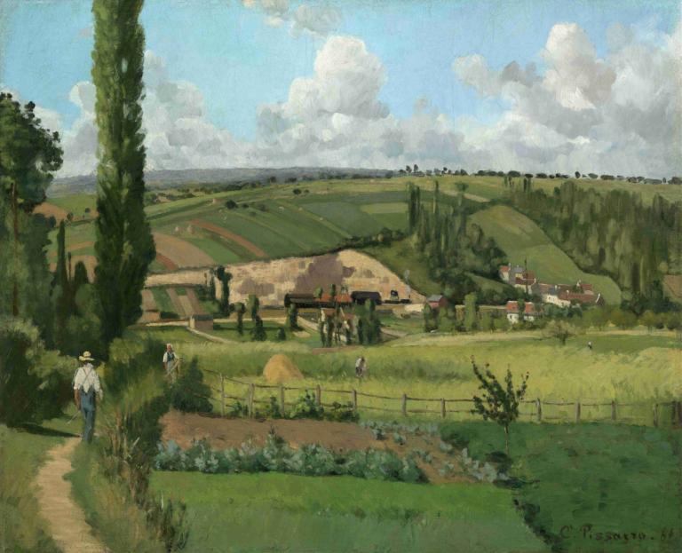 Landscape at Les Pâtis,Pontoise,蓬图瓦兹 Les Pâtis 的景观,Camille Pissarro,卡米耶-毕沙罗,油画,油画, 户外, 风景, 草, 云, 天空, 树, 天, 帽子