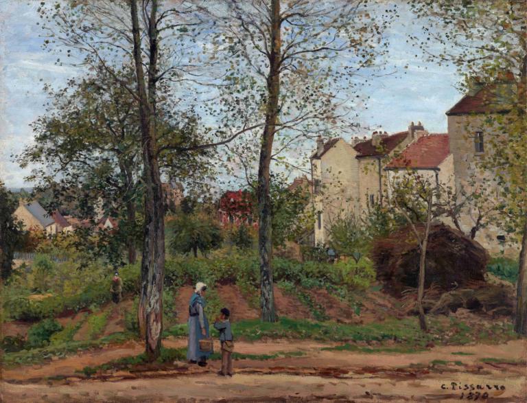 Landscape at Louveciennes,卢瓦锡的风景,Camille Pissarro,卡米耶-毕沙罗,油画,油画, 树, 户外, 风景, 房子, 天, 天空, 草, 过时的, 多个男孩, 1个女孩