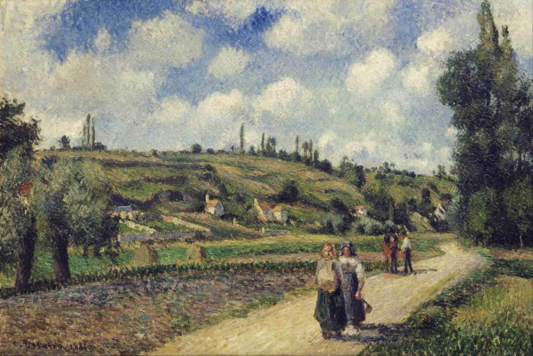 Landscape near Pontoise, the Auvers Road,蓬图瓦兹附近的景观，奥维尔路,Camille Pissarro,卡米耶-毕沙罗,油画,油画, 户外, 树, 云, 风景, 天空